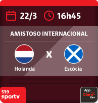 22/3 às 16h45. Holanda x Escócia. Amistoso Internacional. 539 Sportv. App Claro tv+