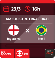 23/3 às 16h. Inglaterra x Brasil. Amistoso Internacional. 539 Sportv, Globo 501. App Claro tv+
