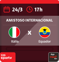 24/3 às 17h. Itália x Equador. Amistoso Internacional. 539 Sportv. App Claro tv+