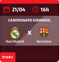21/4 às 16h. Rela Madrid x Barcelona. Campeonato Espanhol. Star+. App Claro tv+