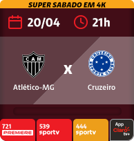 20/4 às 21h. Atlético-MG x Cruzeiro. 721 Premiere. 539 Sportv. 444 Sportv. App Claro tv+.