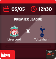 5/5 às 12h30. Liverpool x Tottenham. Premiere League. 570 Espn. App Claro tv+.