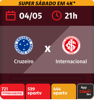 04/5 às 21h. Cruzeiro x Internacional. 721 Premiere. 539 Sportv. 444 Sportv. App Claro tv+.