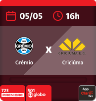 05/5 às 16h. Grêmio x Criciúma. 723 Premiere. 501 Globo. App Claro tv+.