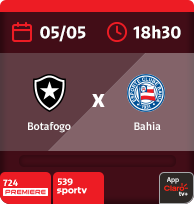 05/5 às 18h30. Botafogo x Bahia. 724 Premiere. 539 Sportv. App Claro tv+.