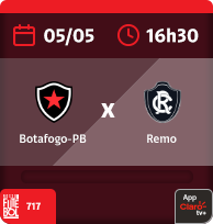 05/5 às 16h30. Botafogo-PB x Remo. Nosso Futebol. App Claro tv+.