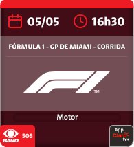05/5 às 16h30. Fórmula 1 - GP de Miami - Corrida. Motor. 571 Espn 2. App Claro tv+.